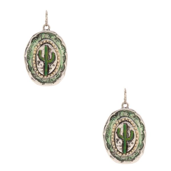 WESTERN CACTUS OVAL SHAPE METAL EARRING