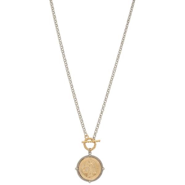 TWO TONE MEDALLION TOGGLE CLASP METAL NECKLACE