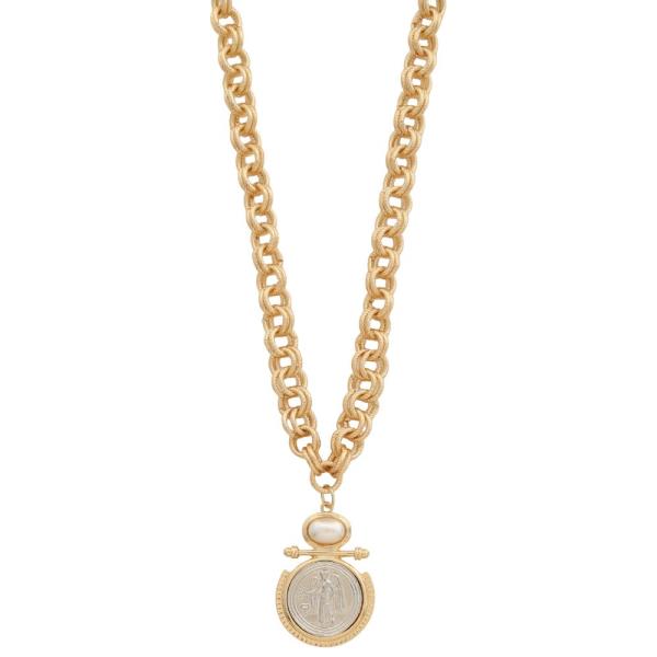 TWO TONE MEDALLION PEARL BEAD CIRCLE LINK LAYERED NECKLACE