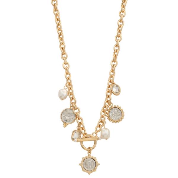 TWO TONE MEDALLION PEARL BEAD STATION TOGGLE CLASP NECKLACE