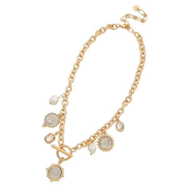 TWO TONE MEDALLION PEARL BEAD STATION TOGGLE CLASP NECKLACE