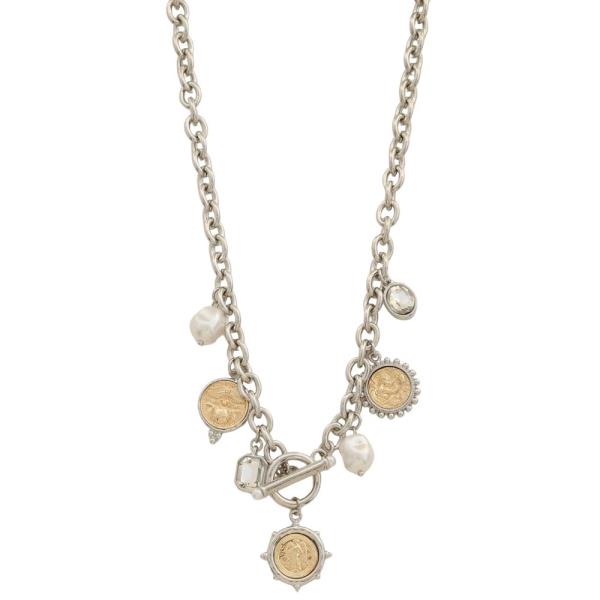 TWO TONE MEDALLION PEARL BEAD STATION TOGGLE CLASP NECKLACE