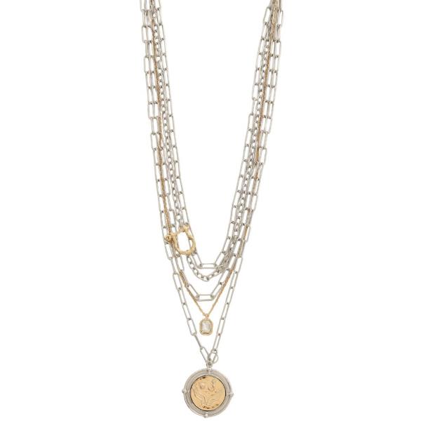 TWO TONE MEDALLION CHAIN LAYERED METAL NECKLACE
