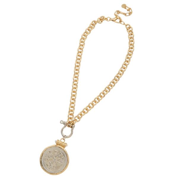TWO TONE MEDALLION PENDANT METAL NECKLACE