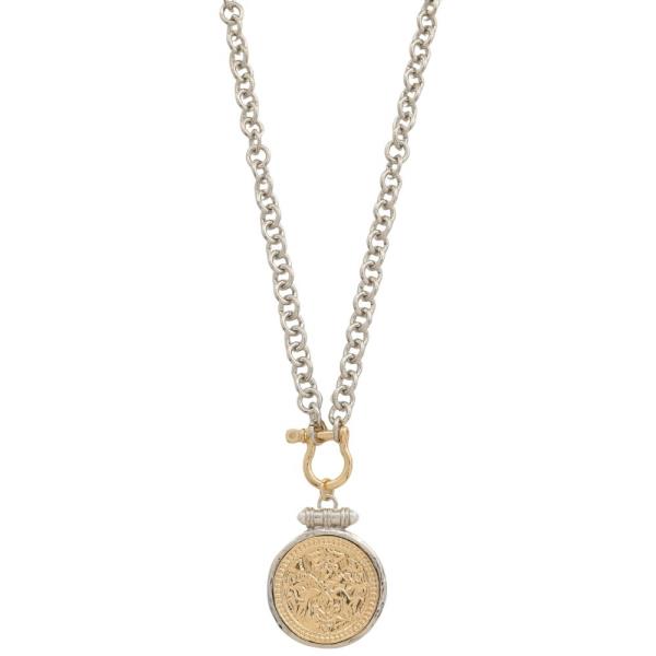 TWO TONE MEDALLION PENDANT METAL NECKLACE