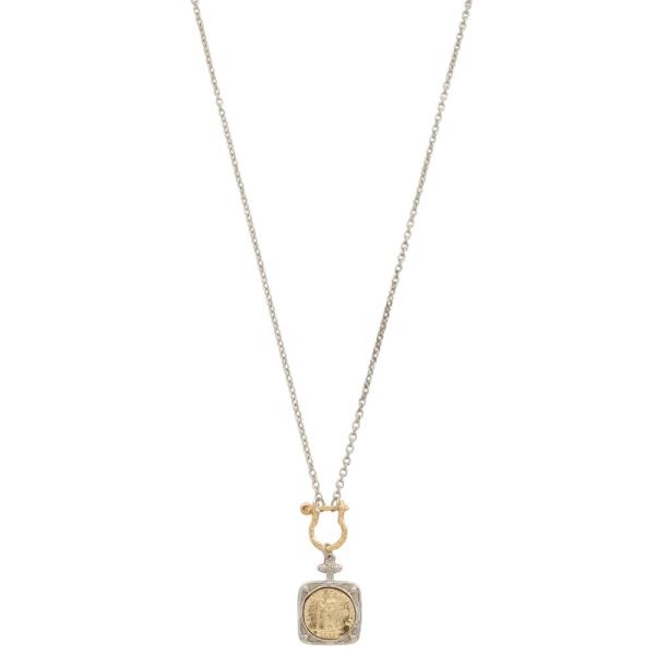 TWO TONE SQUARE METAL CHARM NECKLACE