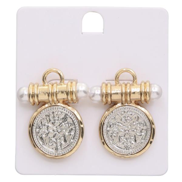 TWO TONE COIN METAL PEARL BEAD EARRING