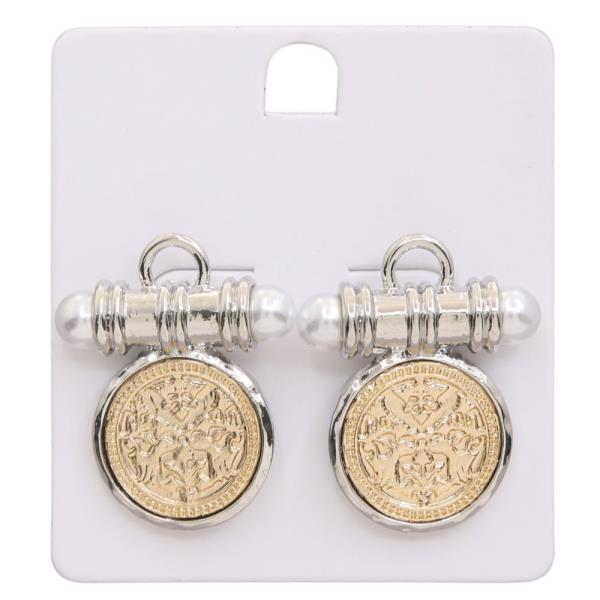 TWO TONE COIN METAL PEARL BEAD EARRING