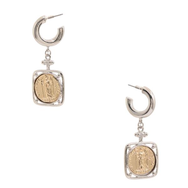 TWO TONE COIN SQUARE OPEN HOOP EARRING