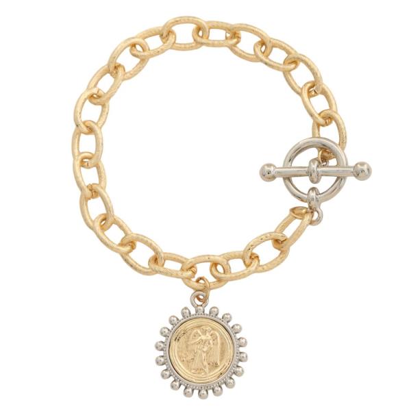 TWO TONE MEDALLION CIRCLE LINK TOGGLE CLASP BRACELET