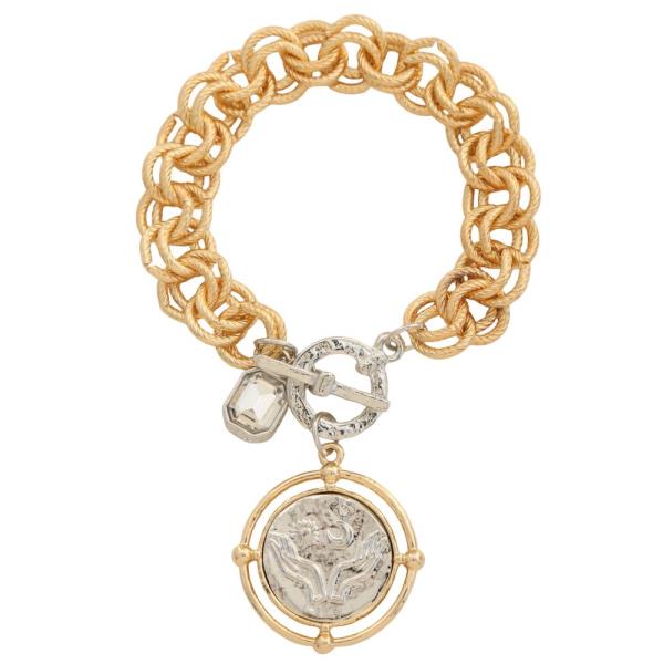 TWO TONE MEDALLION CRYSTAL CIRCLE LINK TOGGLE CLASP BRACELET
