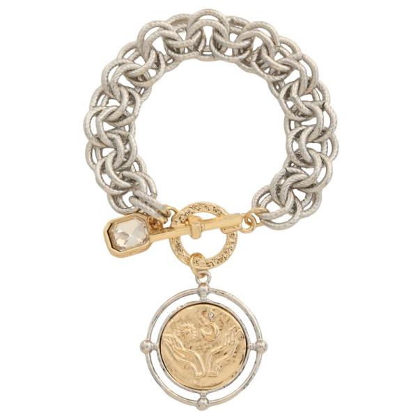 TWO TONE MEDALLION CRYSTAL CIRCLE LINK TOGGLE CLASP BRACELET