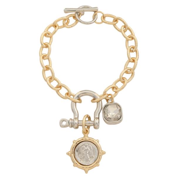TWO TONE MEDALLION CRYSTAL METAL BRACELET
