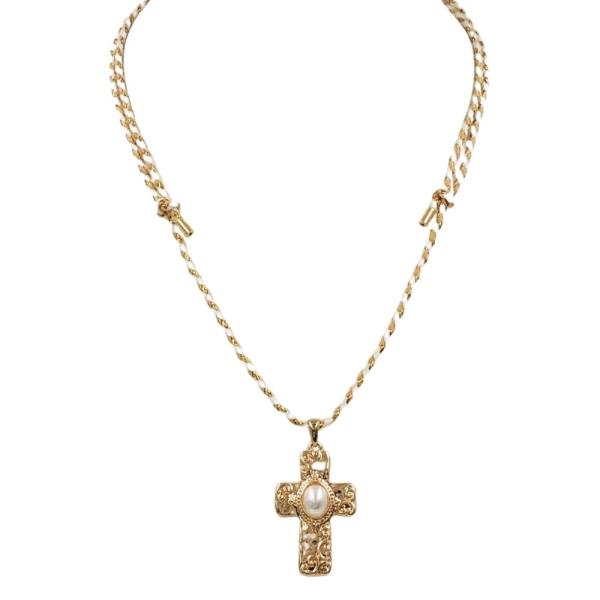 COTTON CROSS PEARL PENDANT NECKLACE