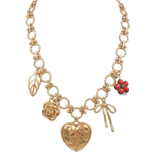 CERAMICS HEART BOW FLOWER CHARM NECKLACE