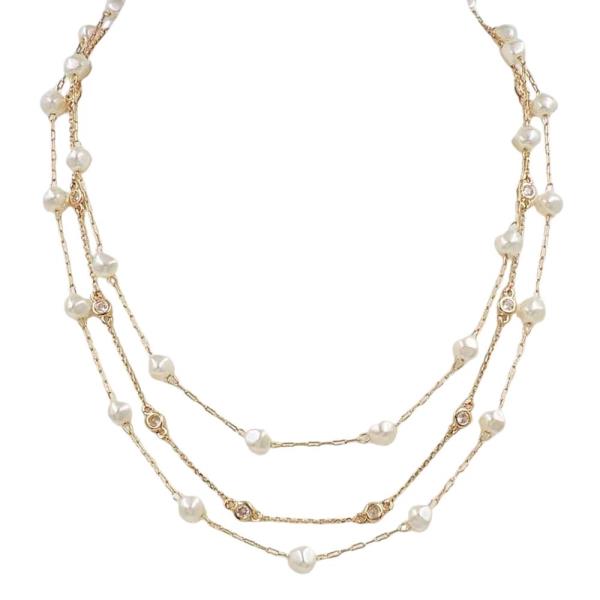 LAYERED PEARL & BEZEL CZ STATION  NECKLACE