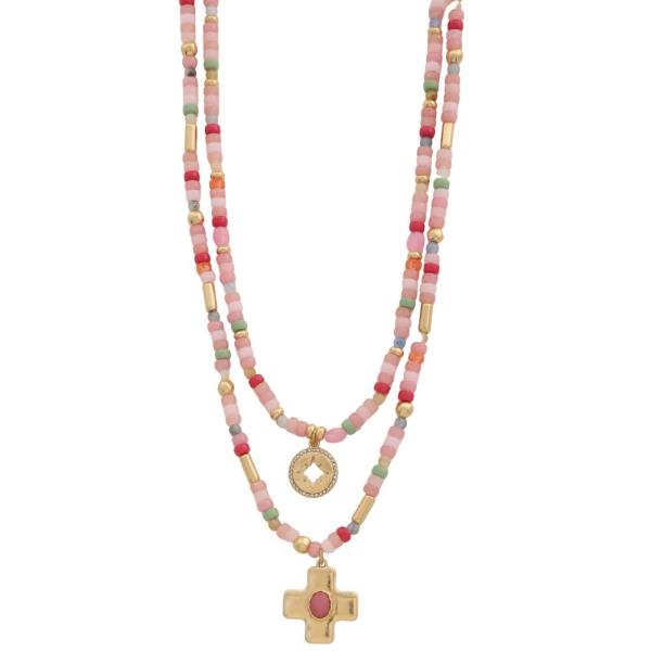 CROSS COIN CHARM BEADED LAYERED NECKLACE
