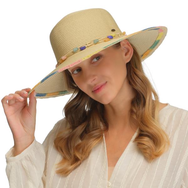 CC MULTI COLOR BRIM SUN HAT AND MULTI COLORED STONE WITH STRAW BAND