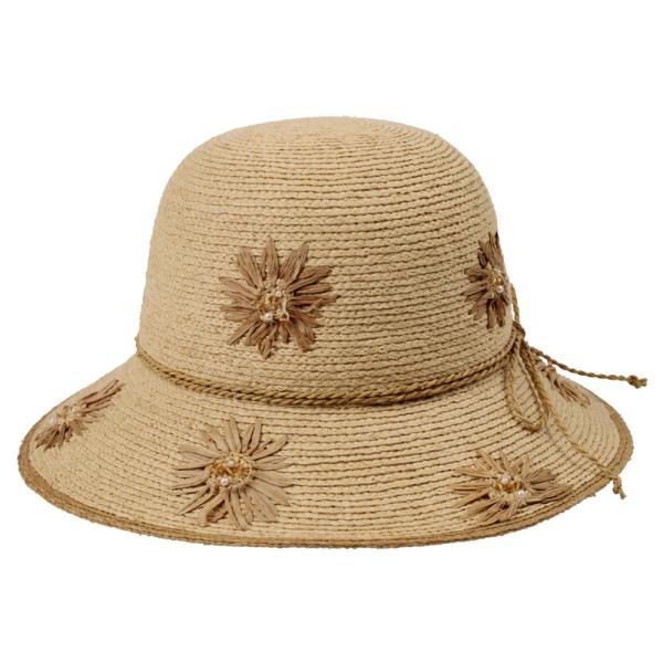 CC RAFFIA SUN HAT WITH FLORAL PATTERN PAPER EMBROIDERY AND MULTI BEAD