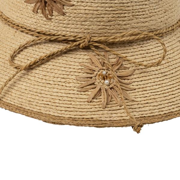CC RAFFIA SUN HAT WITH FLORAL PATTERN PAPER EMBROIDERY AND MULTI BEAD