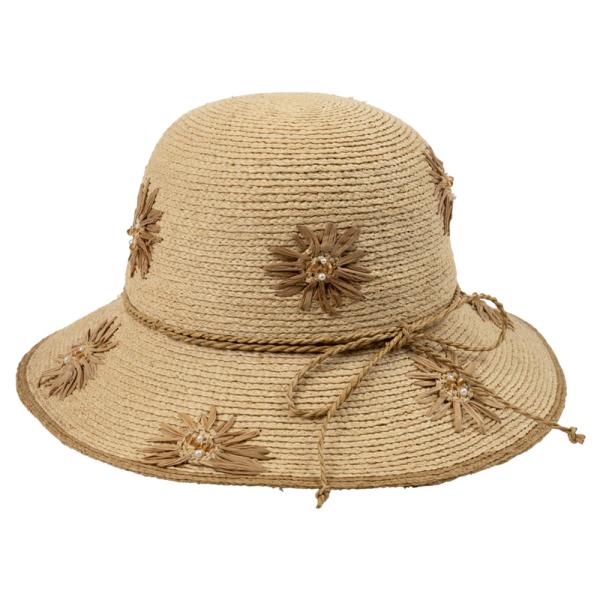 CC RAFFIA SUN HAT WITH FLORAL PATTERN PAPER EMBROIDERY AND MULTI BEAD