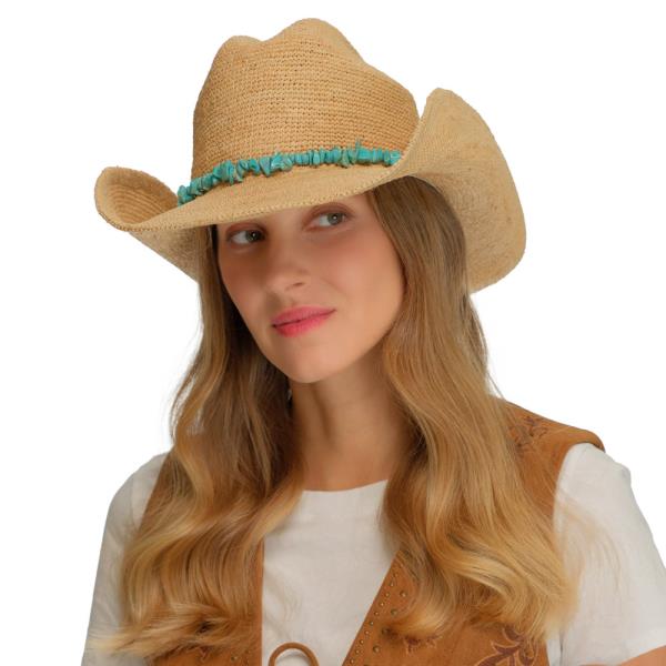 CC RAFFIA COWBOY HAT WITH TURQUOISE STONE BAND