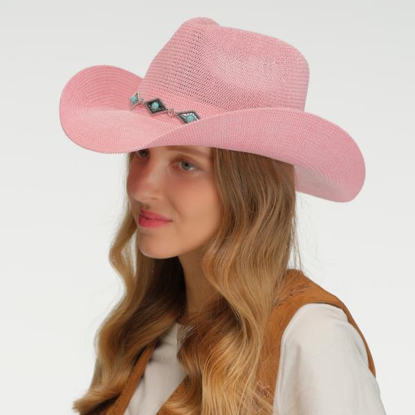 CC KNITTED COWBOY HAT WITH TURQUOISE STONE AND ENGRAVED AZTEC PATTERN BAND