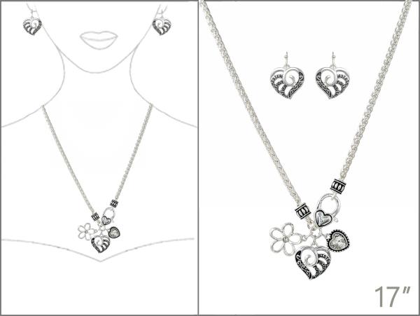 HEART FLOWER CHARM METAL NECKLACE