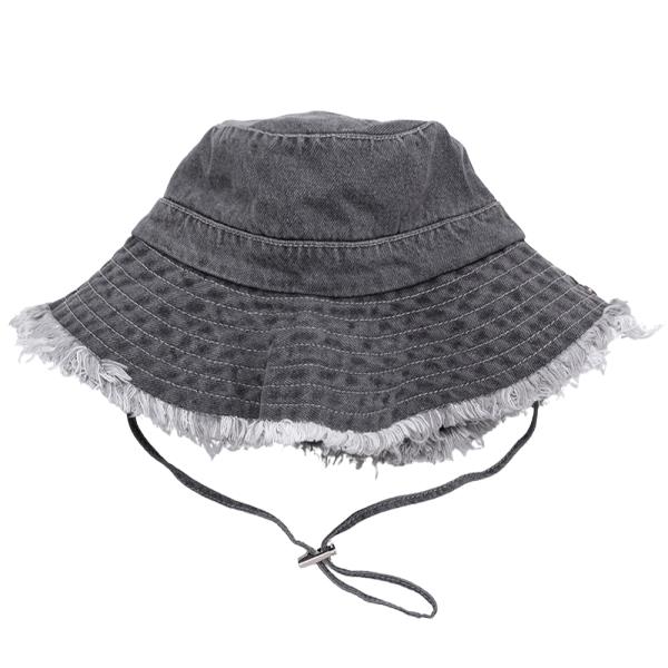 FRAYED EDGE VINTAGE WASH DENIM ADJUSTABLE STRAP BUCKET HAT W DRAWSTRING