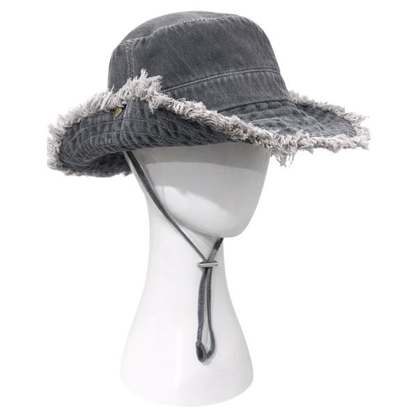 FRAYED EDGE VINTAGE WASH DENIM ADJUSTABLE STRAP BUCKET HAT W DRAWSTRING