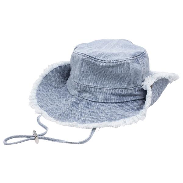 FRAYED EDGE VINTAGE WASH DENIM ADJUSTABLE STRAP BUCKET HAT W DRAWSTRING