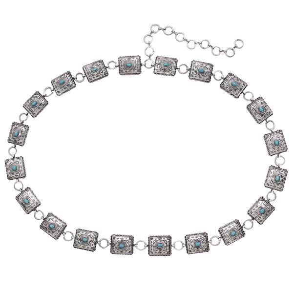 WESTERN STYLE SQUARE STONE METAL CHAIN BELT - LXL SIZE