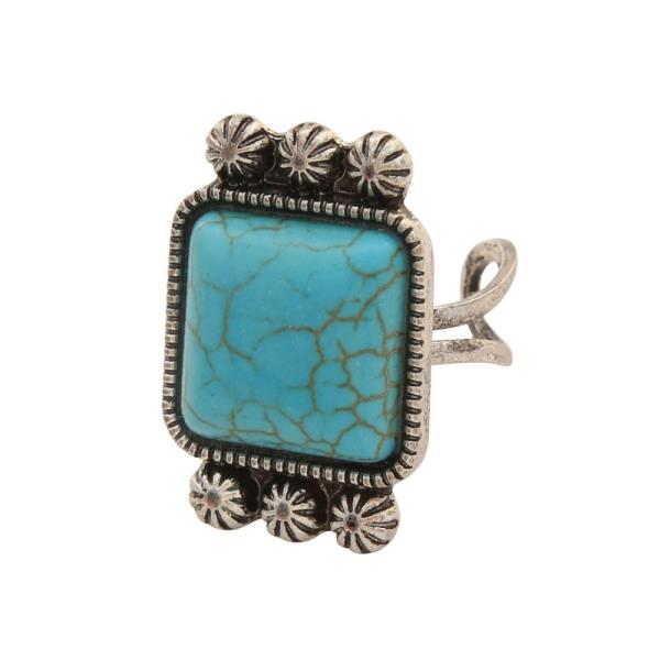 WESTERN SQUARE TURQUOISE BEAD ADJUSTABLE METAL RING