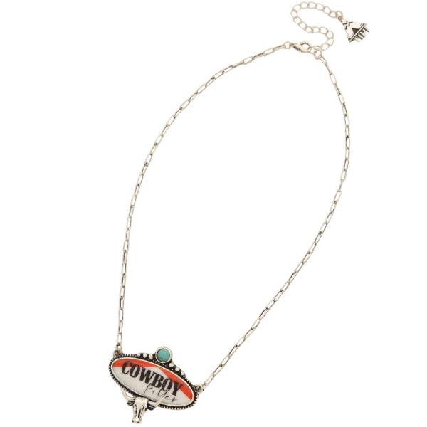 COWBOY CATTLE HEAD CHARM OVAL PENDANT NECKLACE