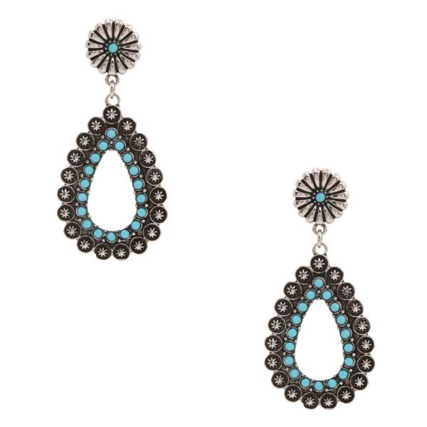 TURQUOISE BEAD TEARDROP METAL DANGLE EARRING