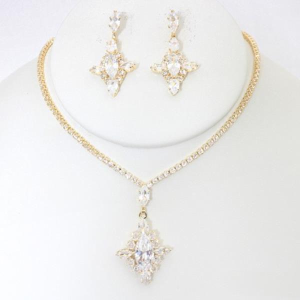 CZ RHINESTONE CLASSIC PENDANT NECKLACE EARRING SET