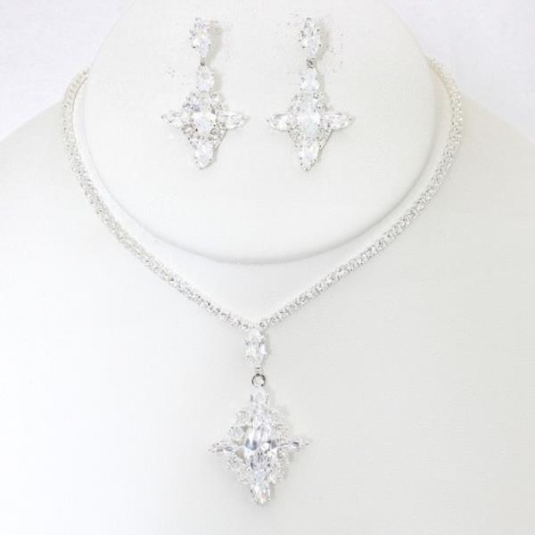 CZ RHINESTONE CLASSIC PENDANT NECKLACE EARRING SET