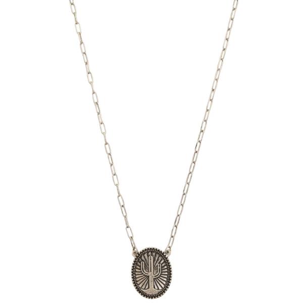 WESTERN OVAL CACTUS PENDANT METAL NECKLACE
