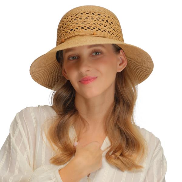 RAFFIA SUN HAT WITH PATTERN AND BRAIDED BAND BEAD