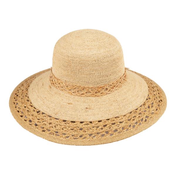 CC RAFFIA SUN HAT WITH TEXTURED WIDE BRIM AND RIBBON DETAILED PATTERN BAND