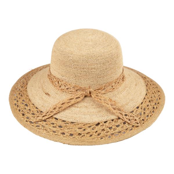 CC RAFFIA SUN HAT WITH TEXTURED WIDE BRIM AND RIBBON DETAILED PATTERN BAND