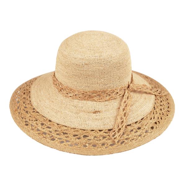 CC RAFFIA SUN HAT WITH TEXTURED WIDE BRIM AND RIBBON DETAILED PATTERN BAND