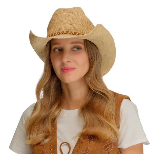 CC RAFFIA COWBOY HAT WITH BRAIDED DETAILS