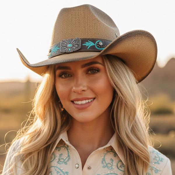 DISTRESSED STRAW HAT WITH TURQUOISE BLOOM & BUTTERFLY CONCHO BAND
