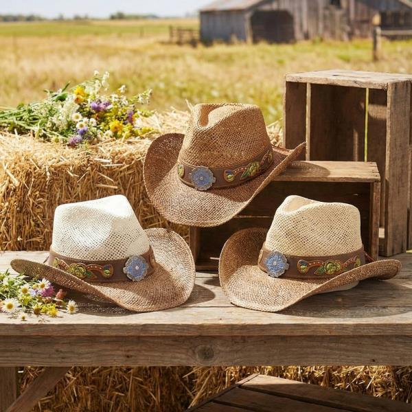 BOHO TWO-TONE COWBOY STRAW HAT WITH RHINESTONES STUDDED FLORAL BAND & CONCHO