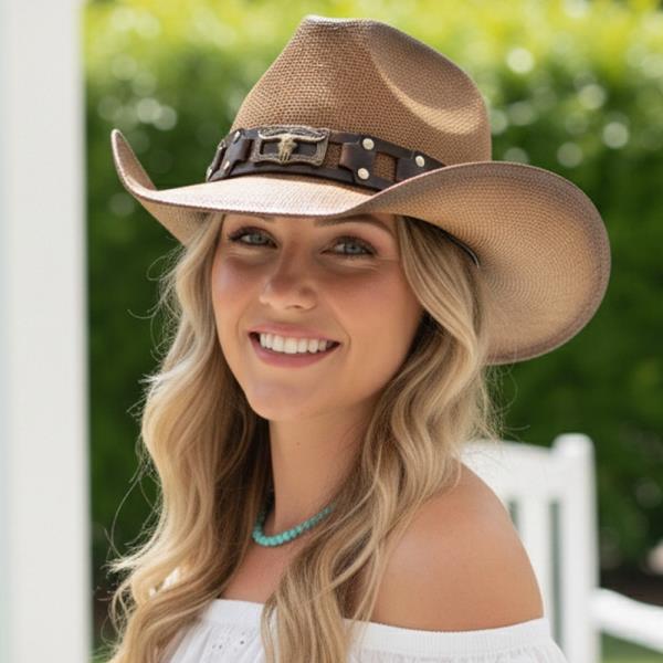 RUGGED STUDDED BAND COWBOY HAT WITH LONGHORN BUCKLE