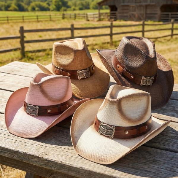 VINTAGE STRAW COWBOY HAT WITH ANTIQUED LONGHORN STEER CONCHO