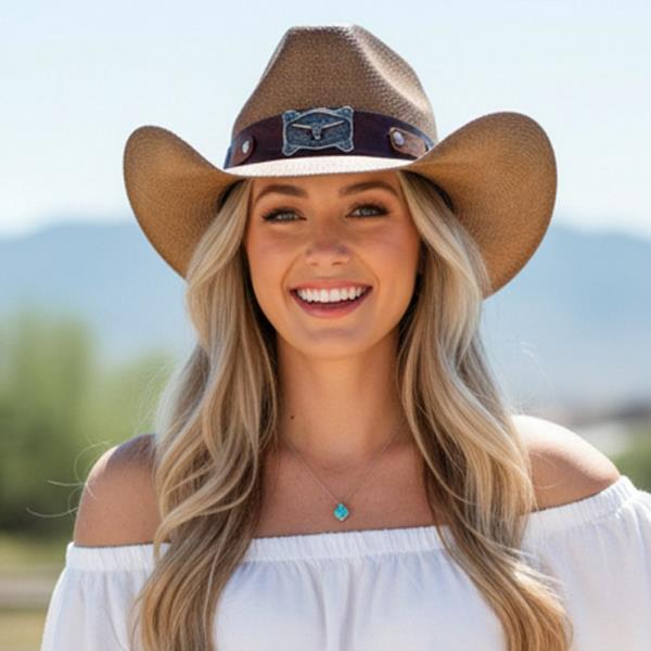 VINTAGE STRAW COWBOY HAT WITH ANTIQUED LONGHORN STEER CONCHO