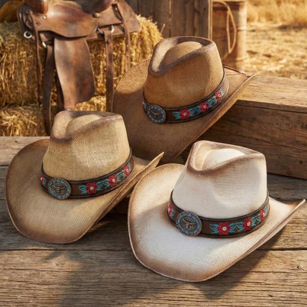 RHINESTONE FLOWER EMBROIDERED STRAW COWBOY HAT WITH LONGHORN STEER CONCHO