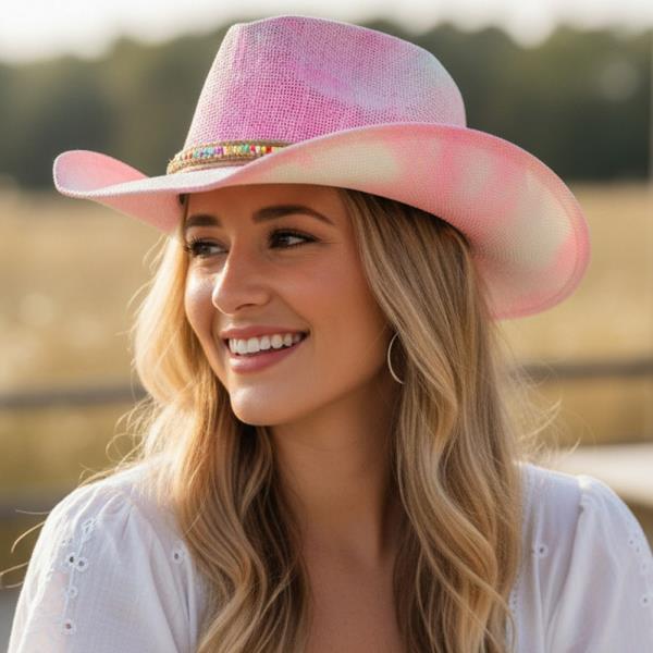 RUSTIC WESTERN STRAW HAT WITH HEISHI BEAD AND RHINESTONES CHAIN BAND